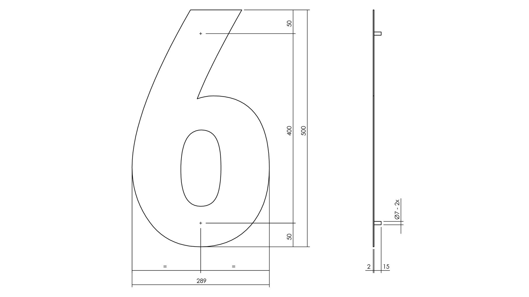 Huisnummer 6 XXL hoogte 50cm RVS/mat zwart