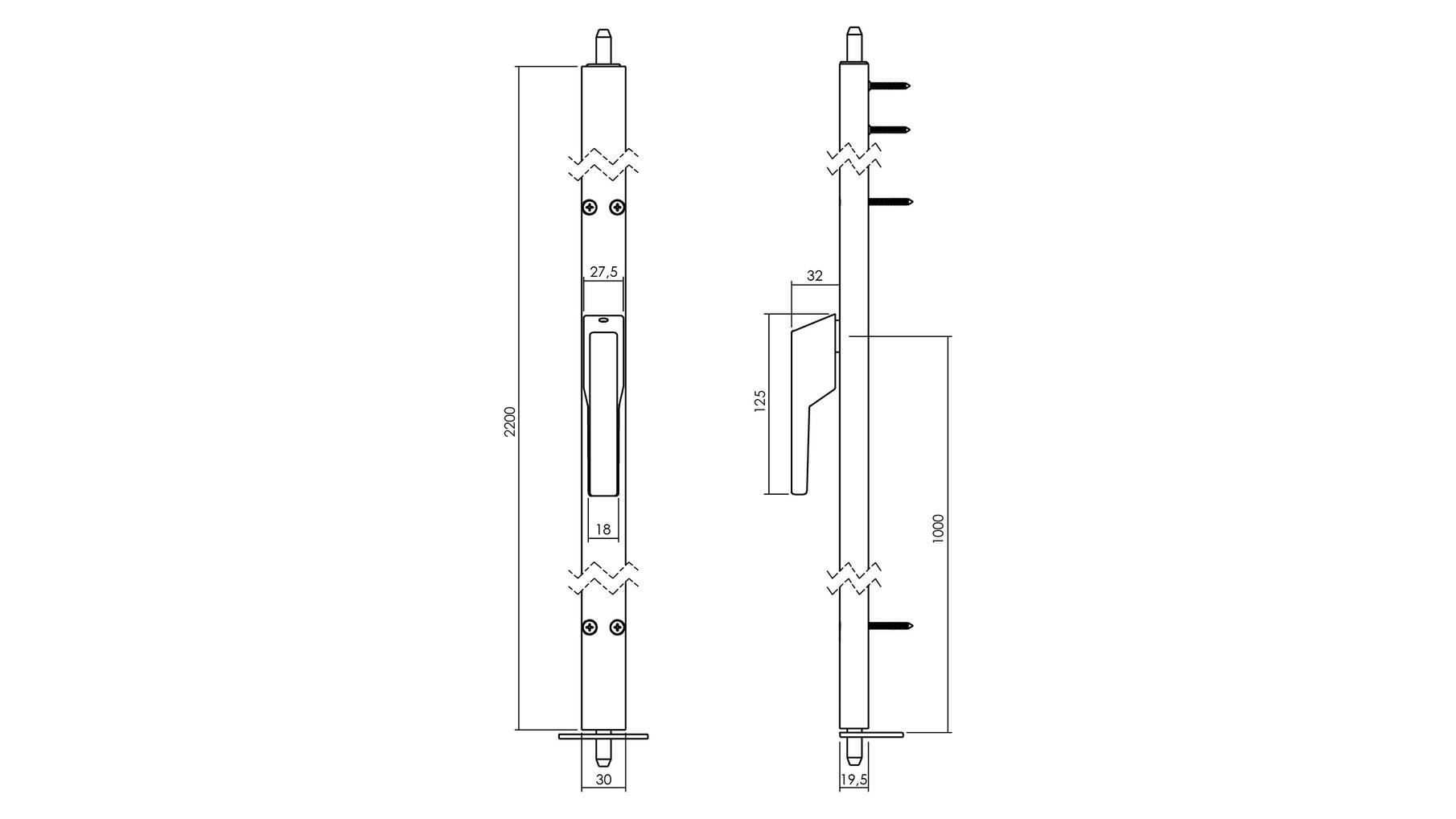 Deurespagnolet niet afsluitbaar Links 2200mm RAL 9010 wit