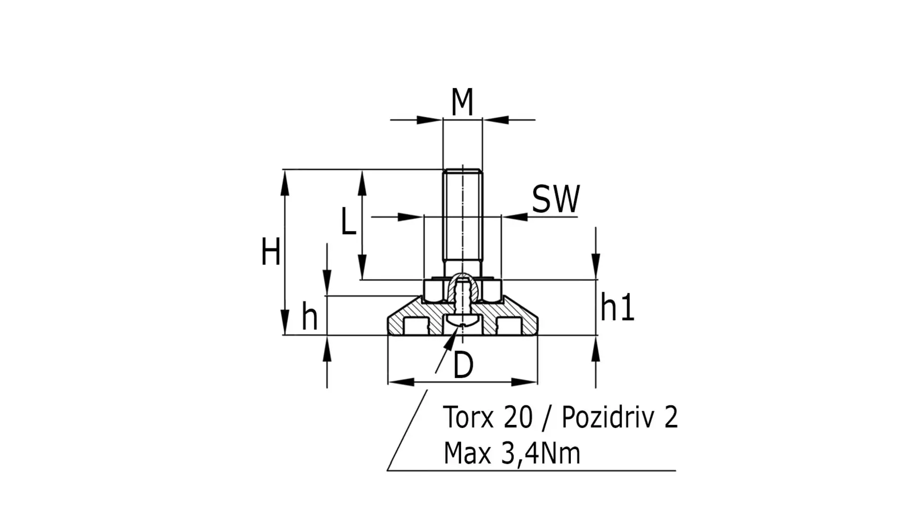 Stelvoeten JTH38A/M8x20mm voet 38mm, draadlengte