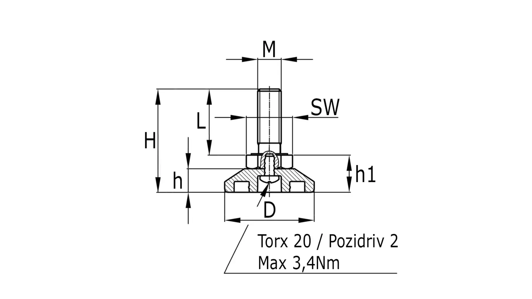 Stelvoet M8x50mm met beweegbare kst.voet 30x15mm (incl moer)