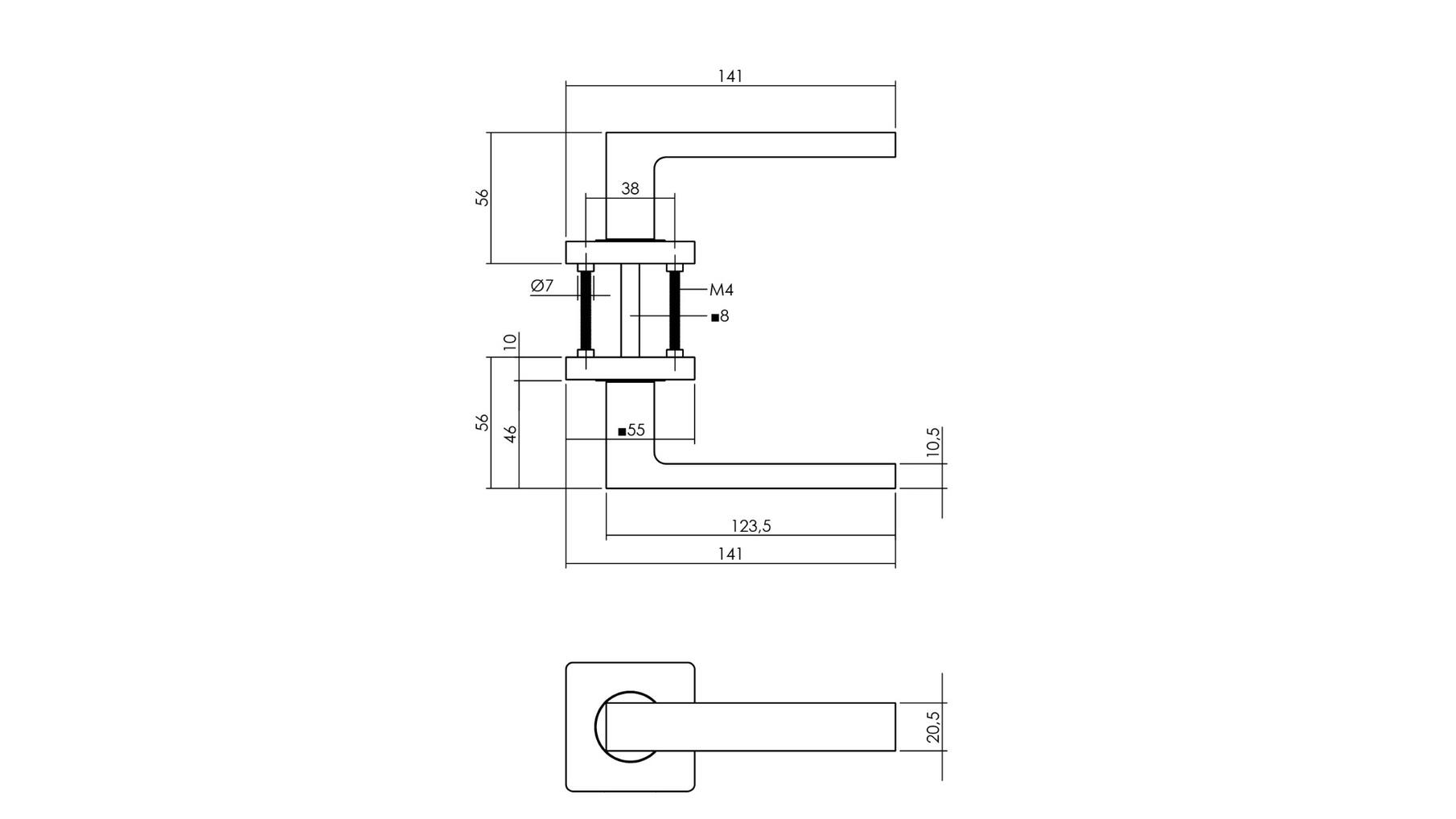 Deurkruk Hera op vierkante rozet 55x55x10 mm