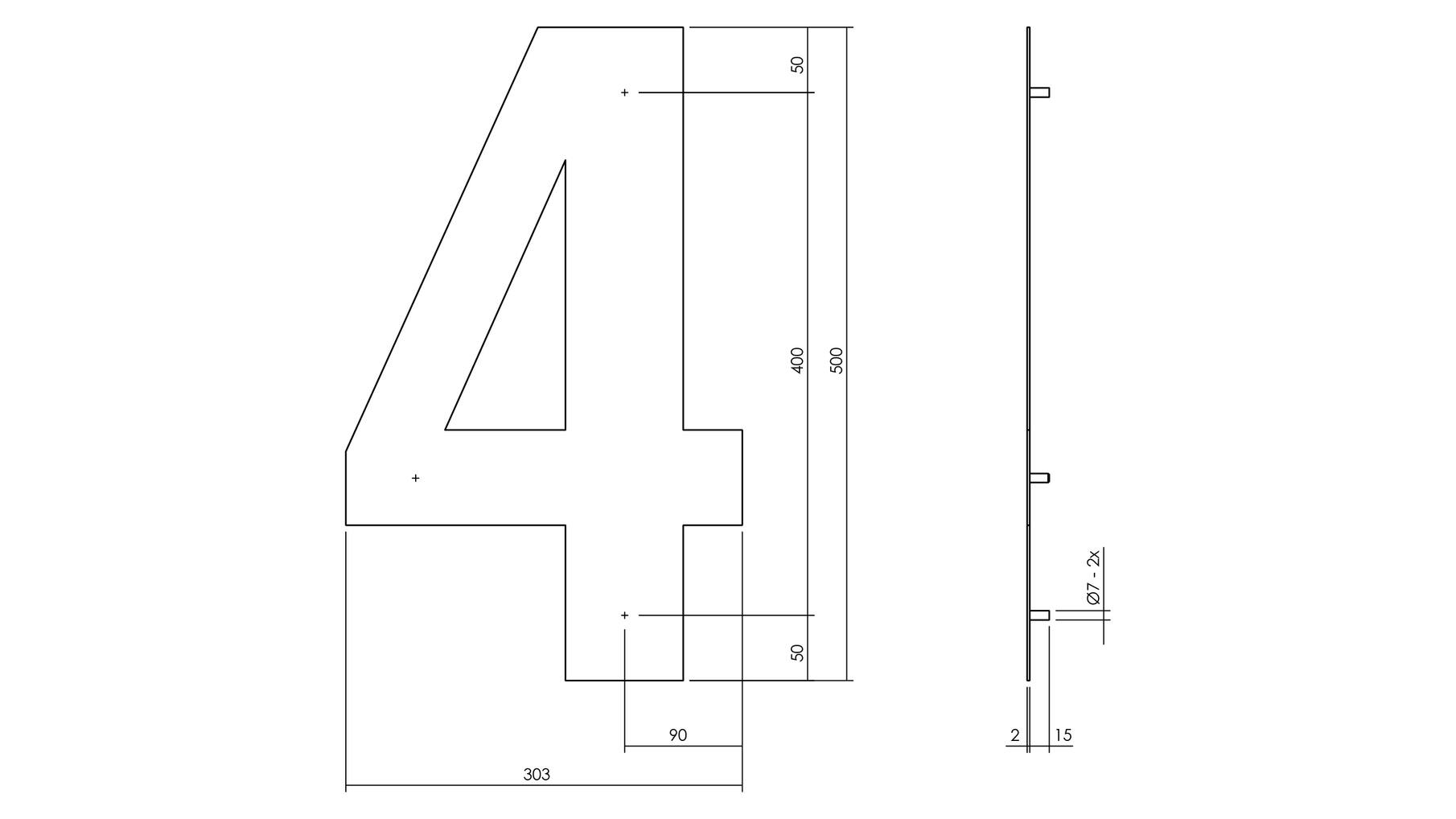 Huisnummer 4 XXL hoogte 50cm RVS/mat zwart