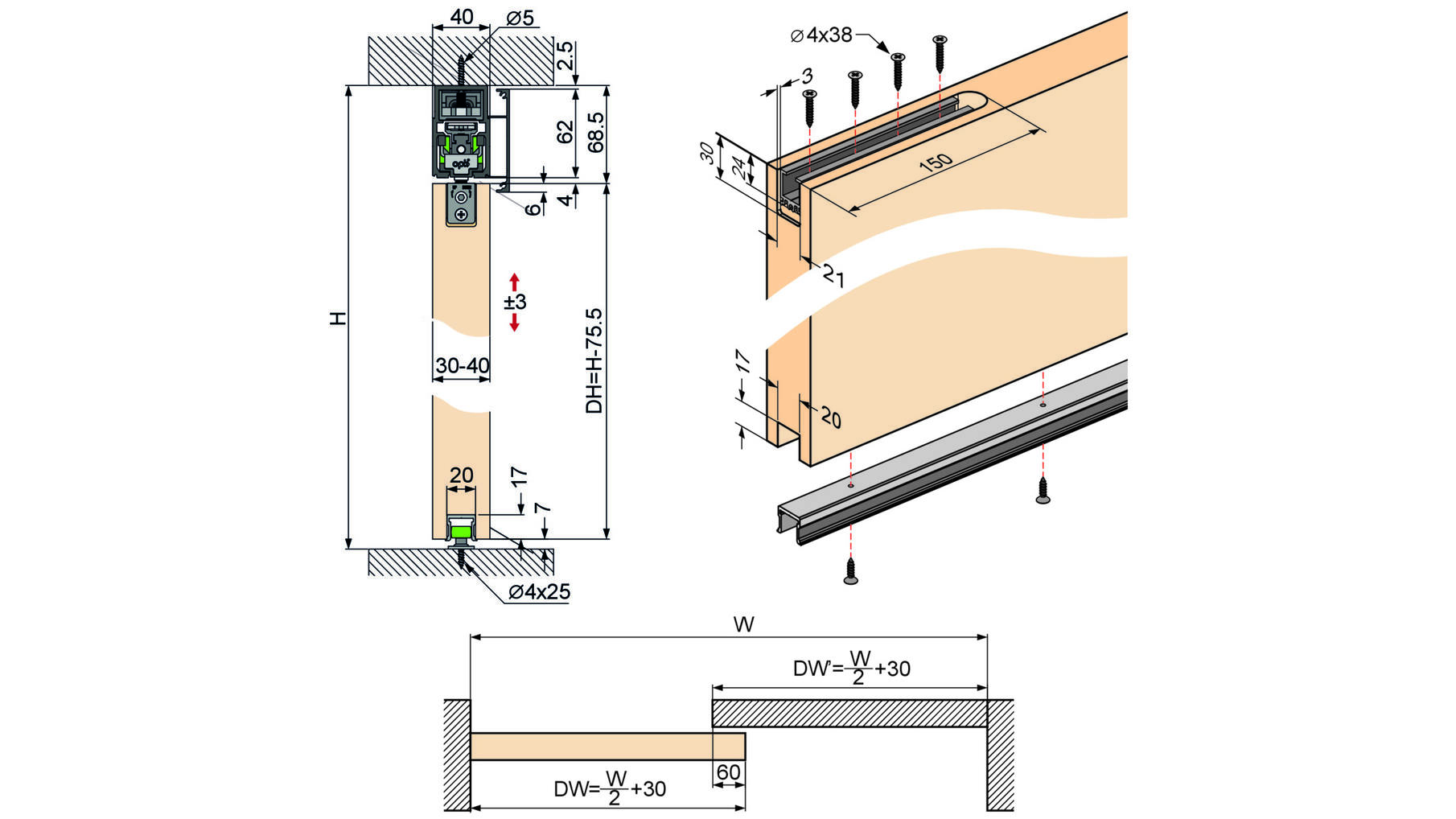 E-Space beslagset voor 1 houten deur, compleet