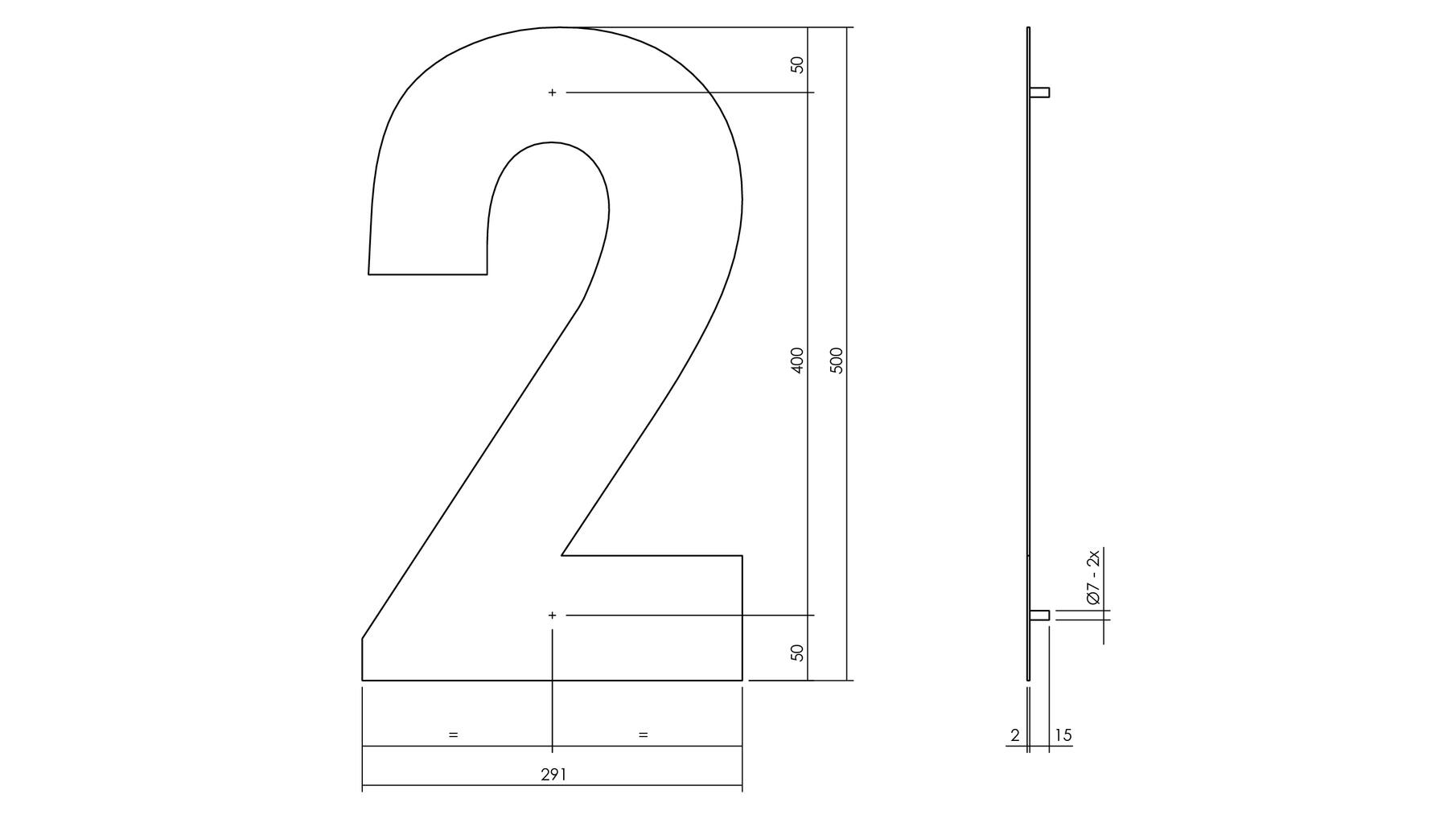 Huisnummer 2 XXL hoogte 50cm RVS/mat zwart