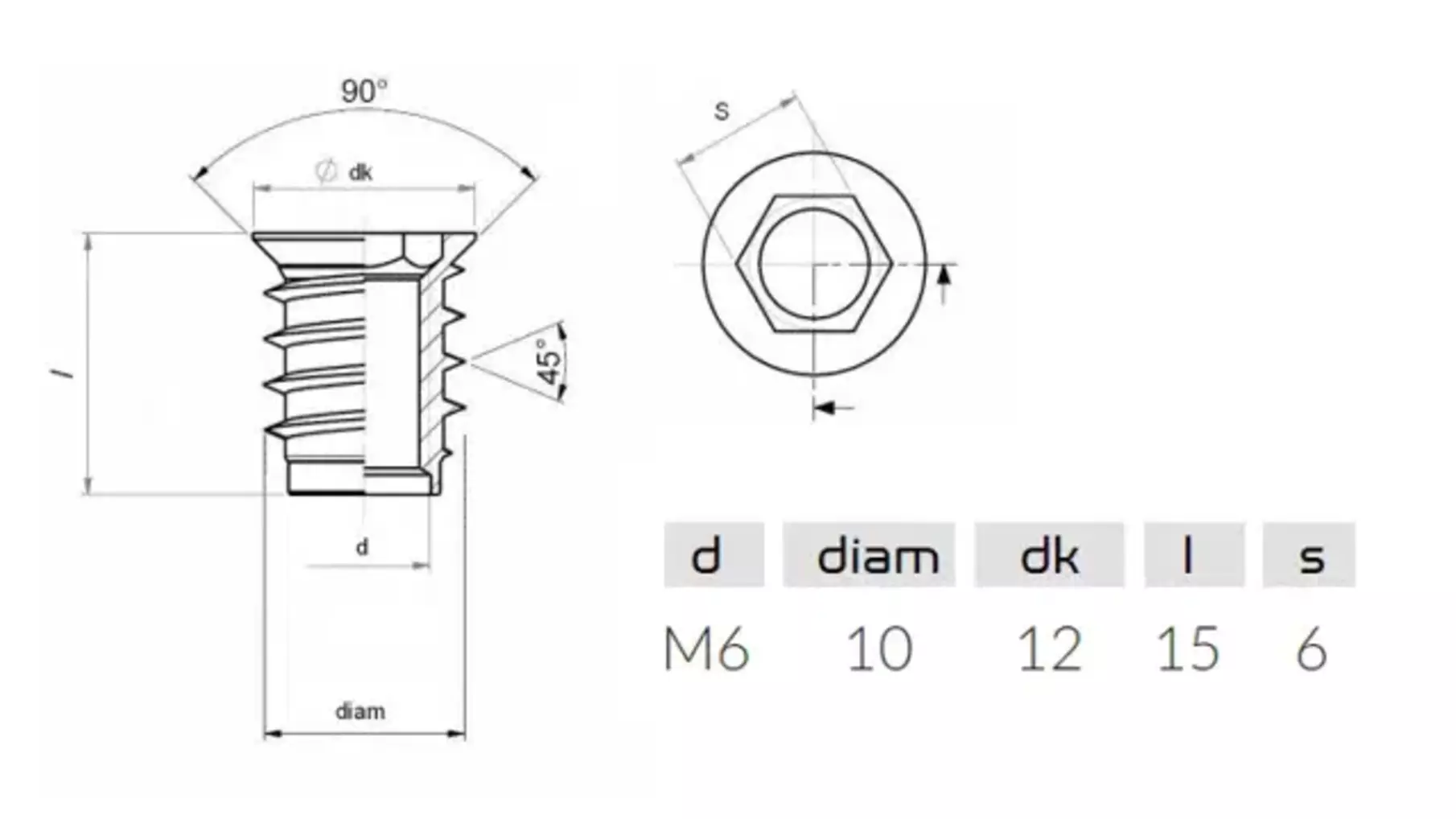 Rampabus staal met rand M6, lengte 15mm, kop 12mm