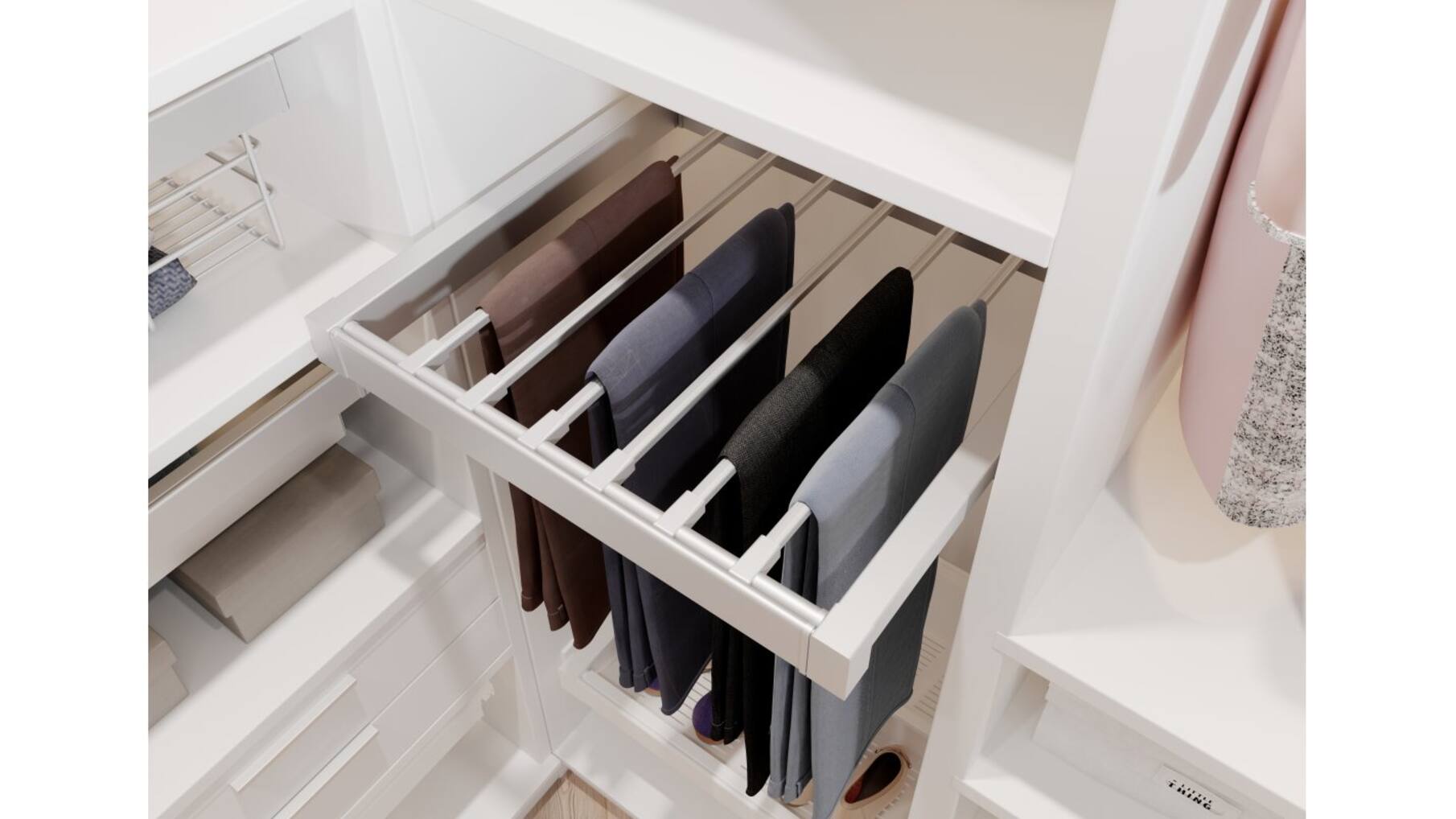 Broekenrek wit, breedte 860-918mm, diepte 500mm, uittrekbaar
