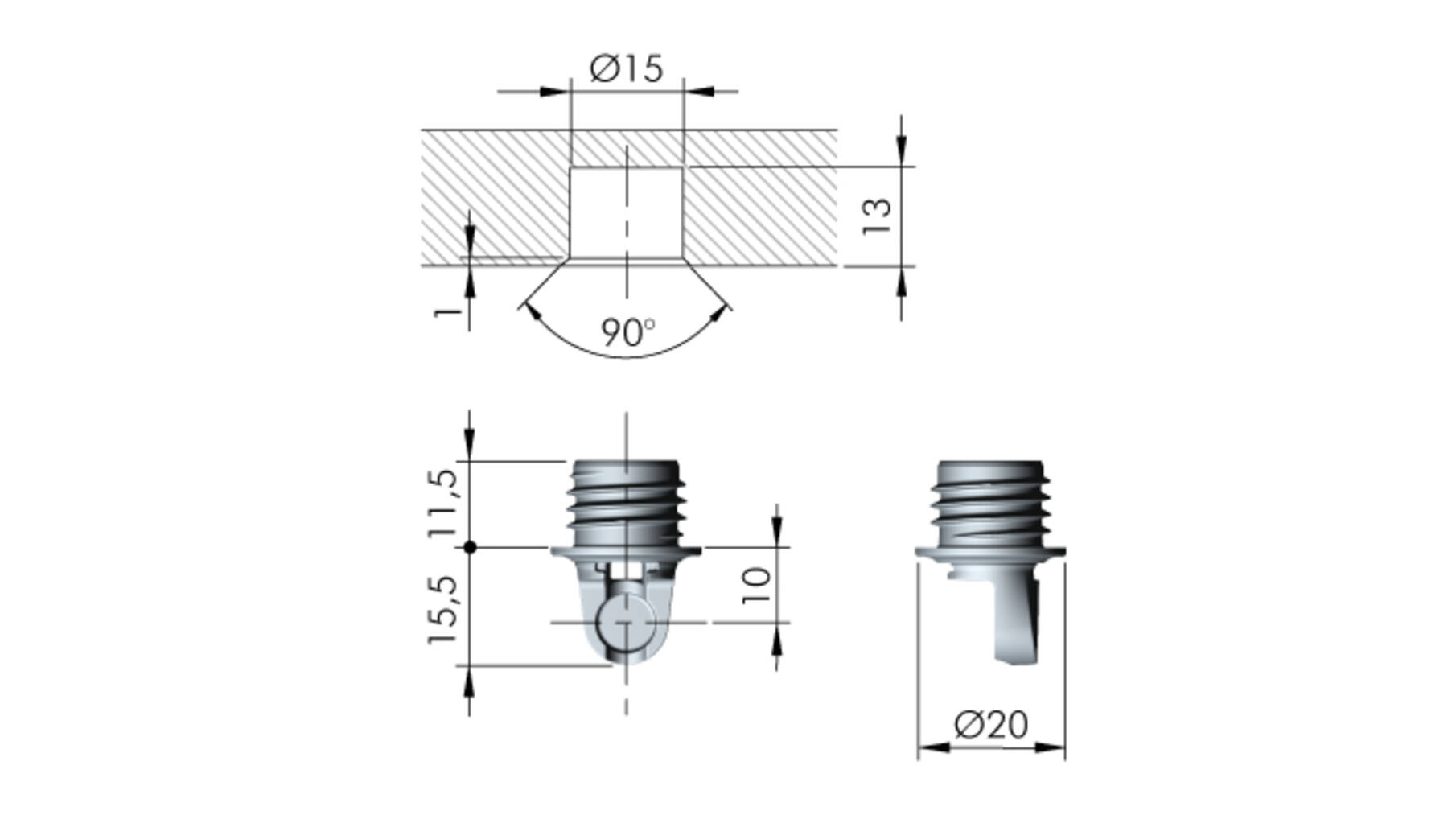 Bevestiging aan de klep voor K12, duvel voor boring 15mm