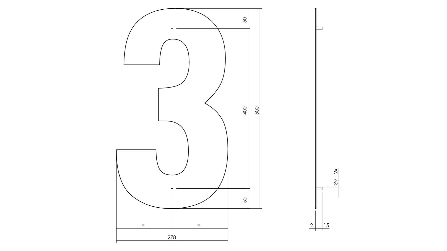 Huisnummer 3 XXL hoogte 50cm RVS/mat zwart