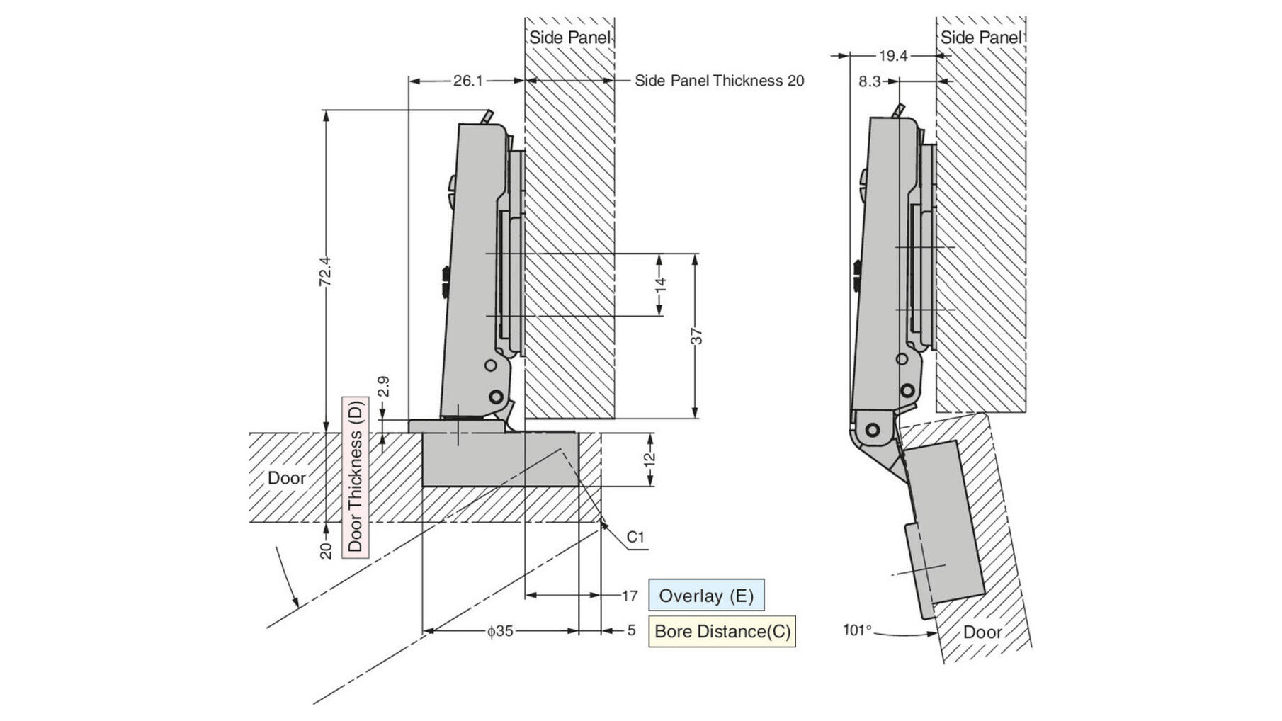 Opdekscharnier RVS SUS304 met soft close, 3D verstelbaar