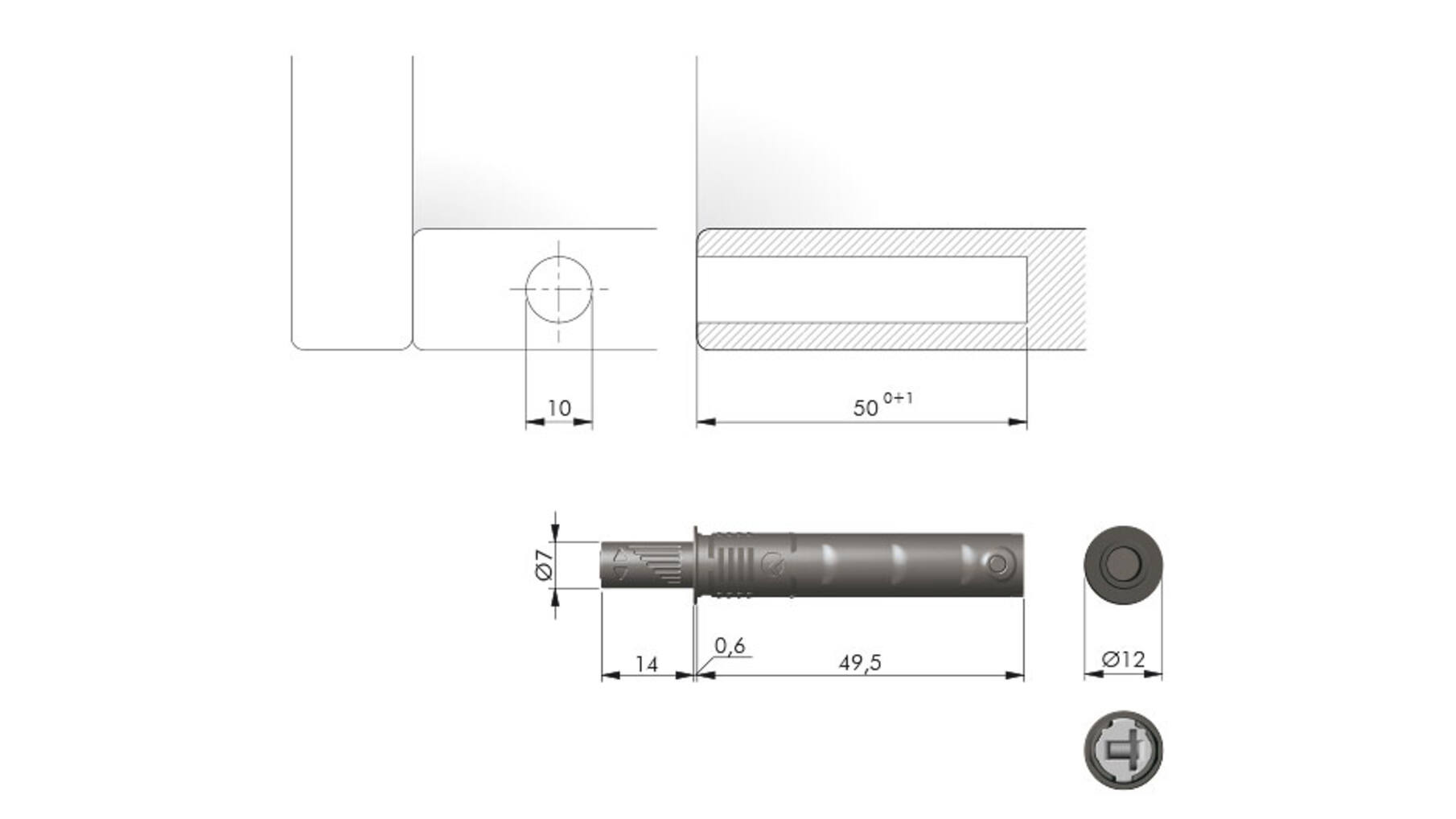 K Push Tech, kort, antraciet, buffer, slag 14mm