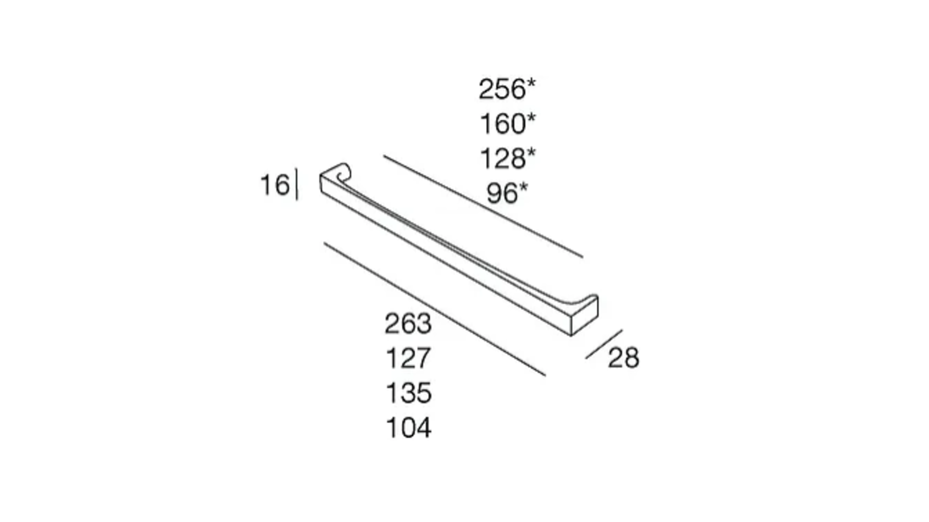 Greep 104x28x16mm glans chroom, hartmaat  96mm
