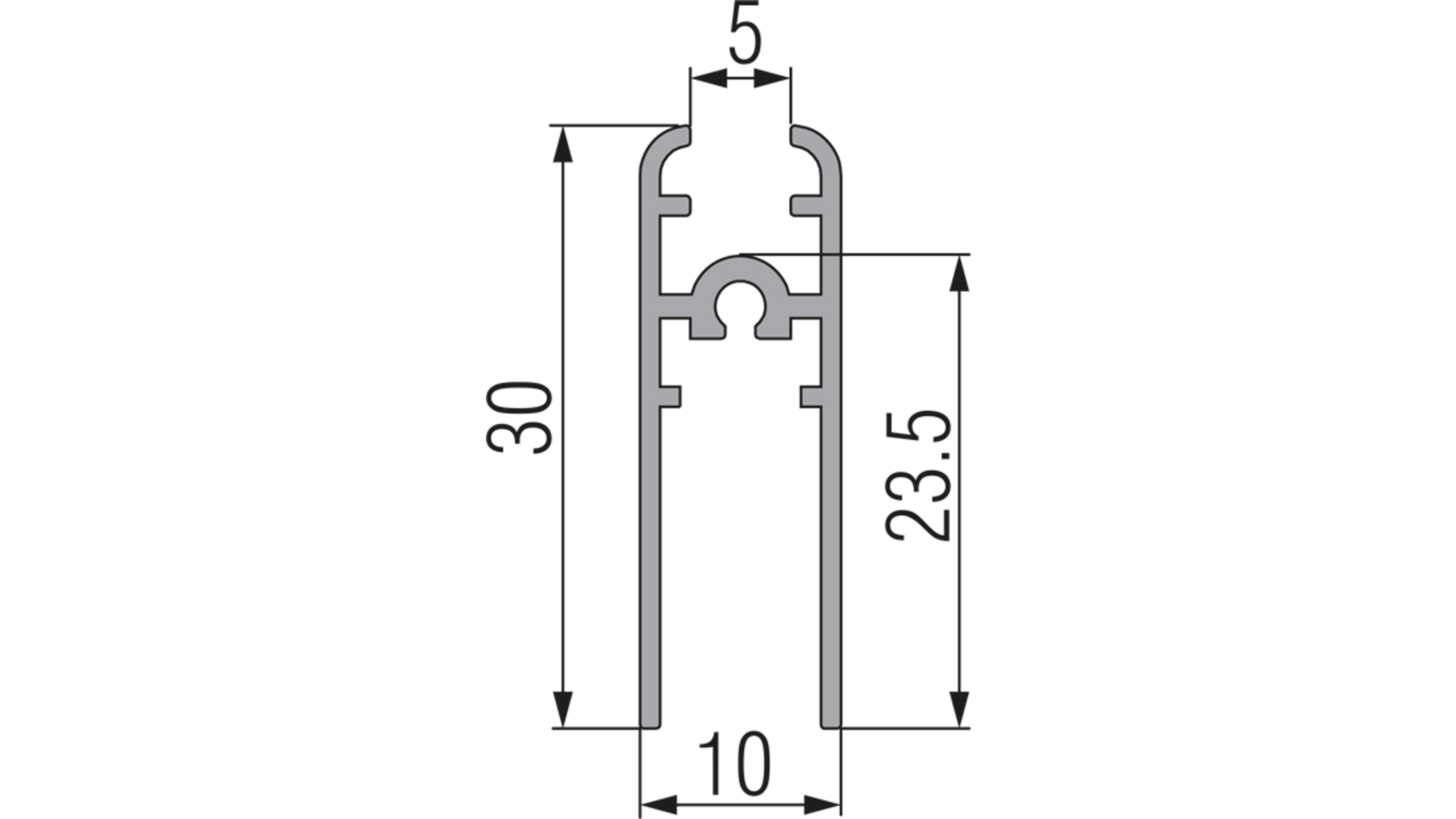 Miniroller slofrail voor glas 5mm, lengte 2500mm