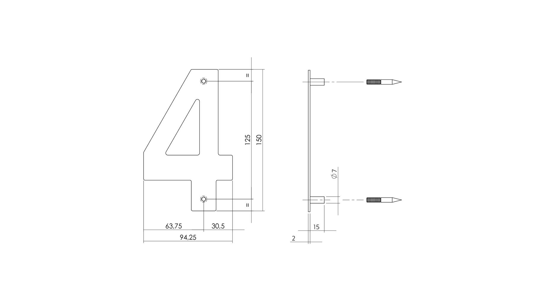 Huisnummer 4 150x2mm RVS geborsteld