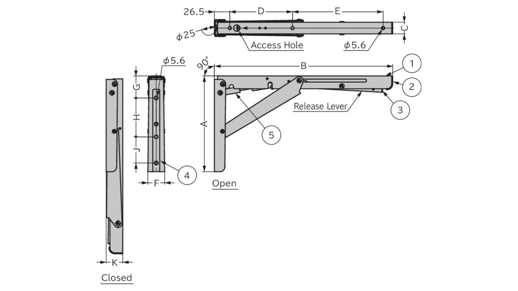 Konsole RVS inklapbaar 307mm, hoogte 165mm