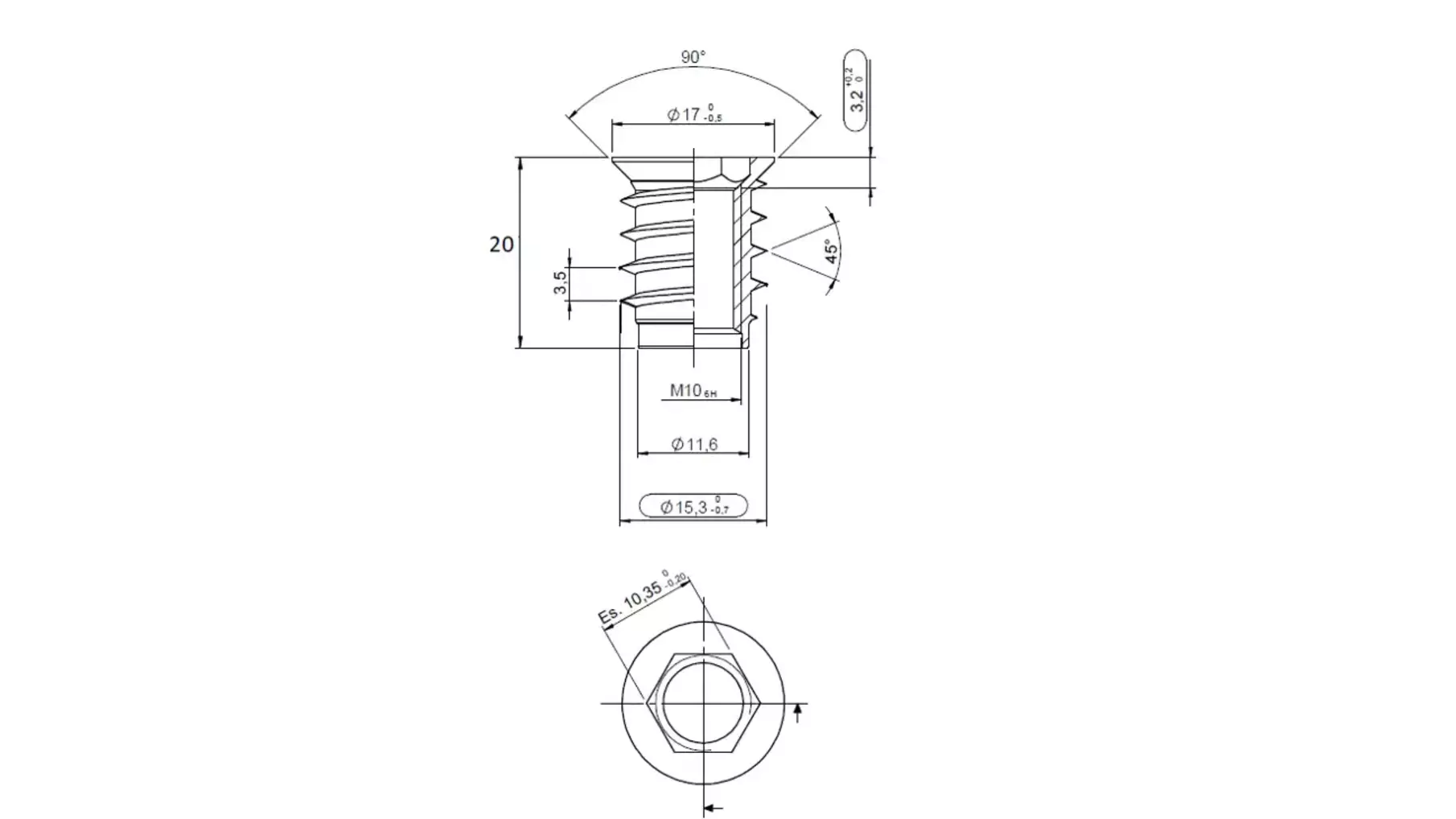 Rampabus staal met rand M10, lengte 20mm, kop 17mm
