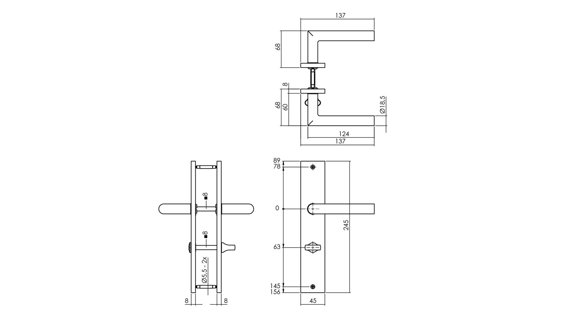 Deurkruk Bastian op schild 245x45 mm WC63/8 mm