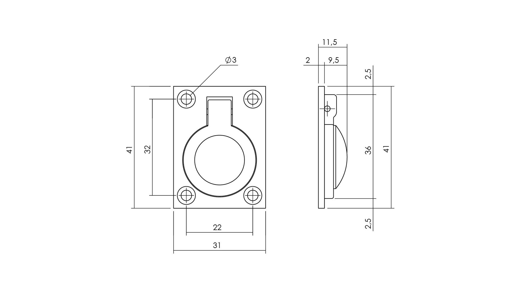 Luikring rechthoekig 41 x 31 mm mat zwart