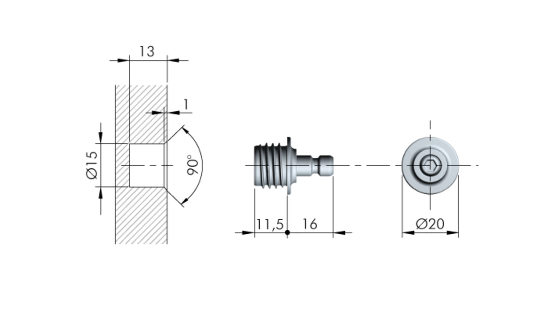Bevestiging aan de zijde voor K12, duvel voor boring 15mm