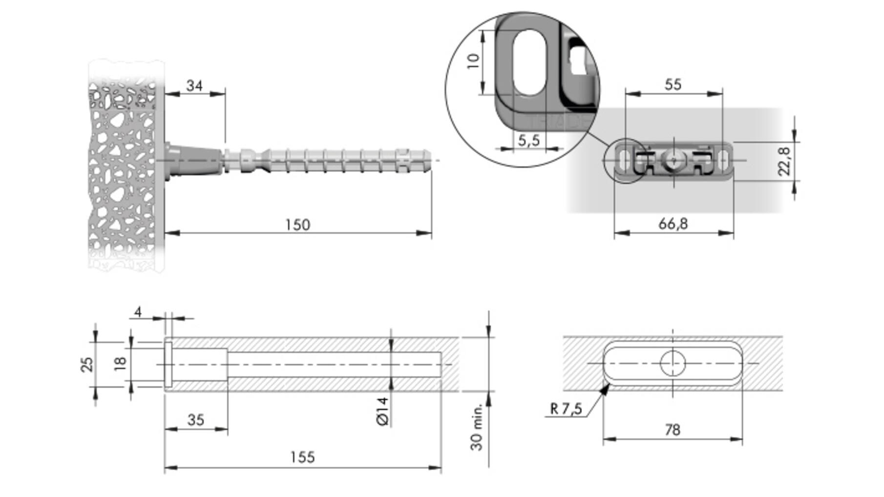 Staafplankdrager Triade PRO voor plank maximaal 300mm diep