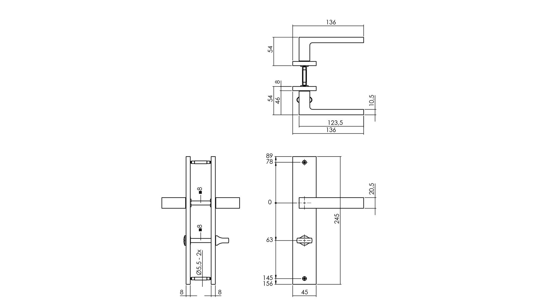 Deurkruk Hera op schild 245x45 mm WC63/8 mm