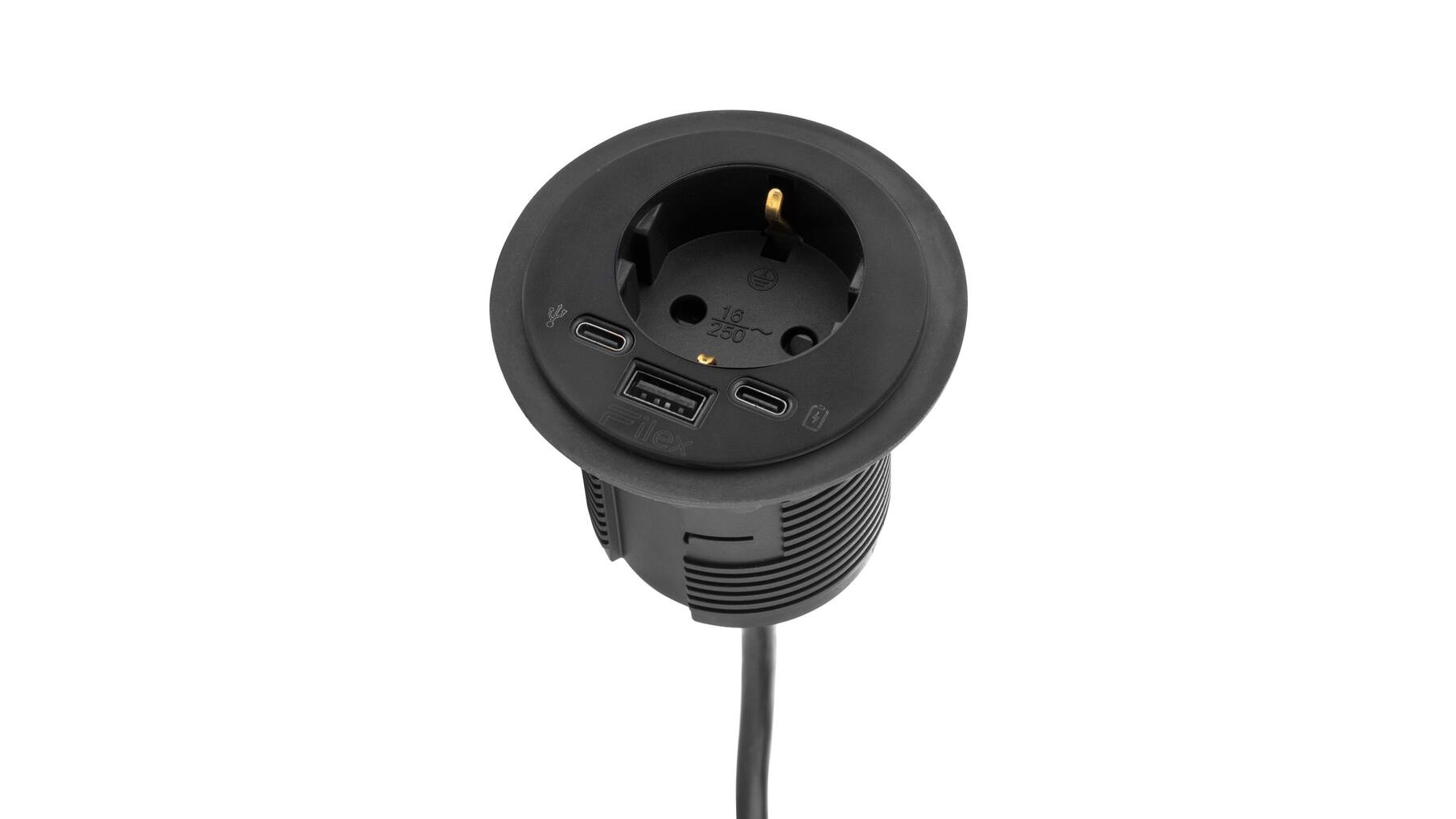 Inbouw module Power spot zwart, 60mm. Met Schuko plug