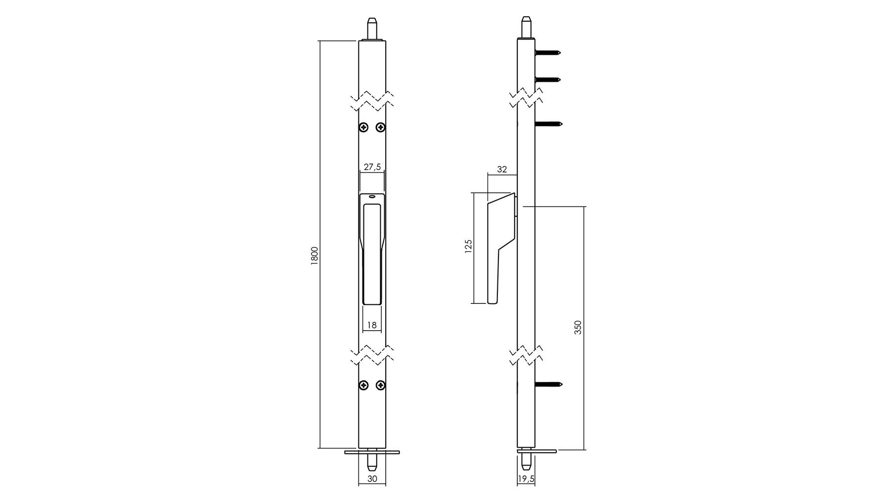 Raamespagnolet niet afsluitbaar Rechts 1800mm aluminium