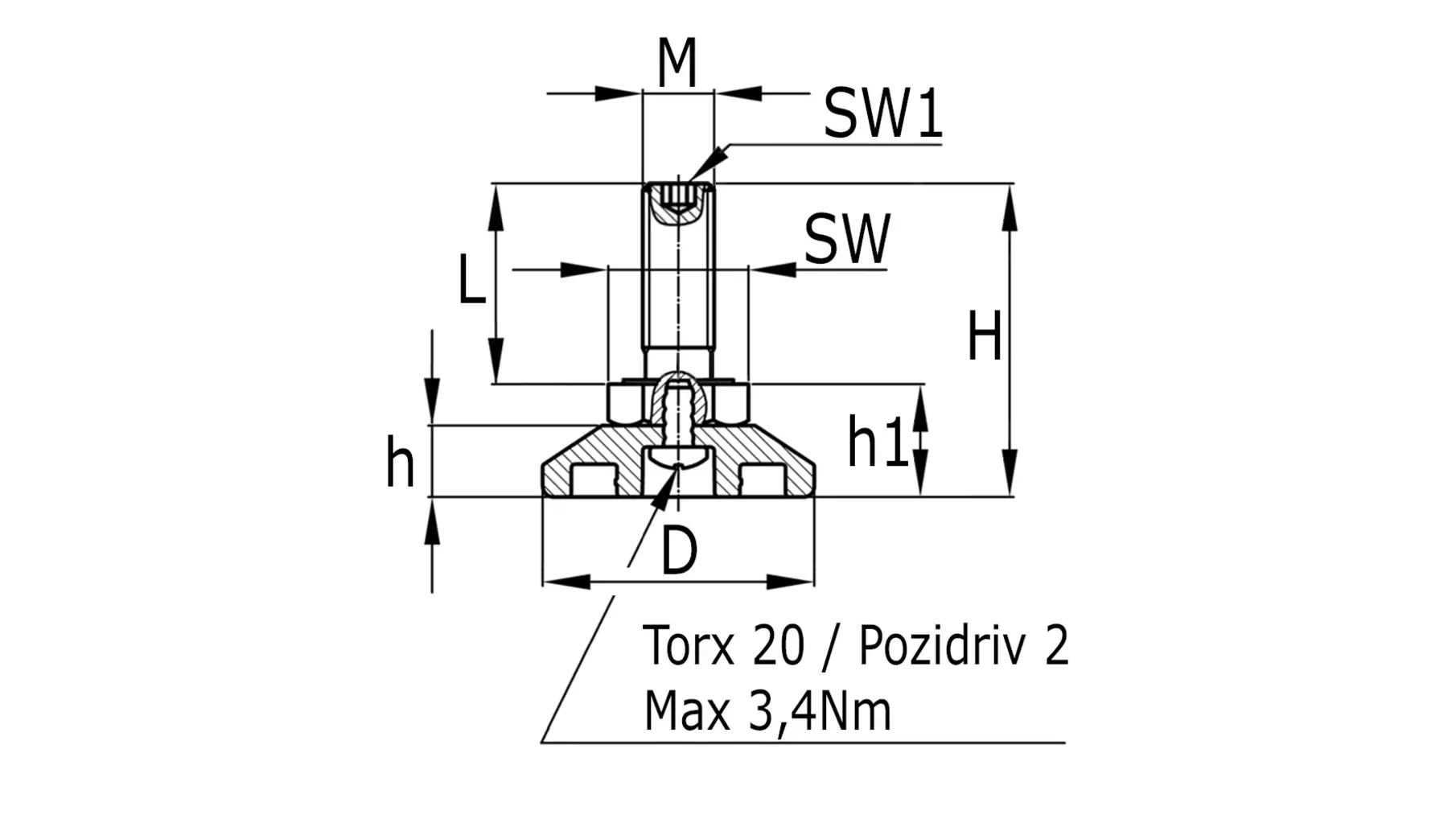 Stelvoet M10x100mm met binnenzeskant m beweegbare kst.voet