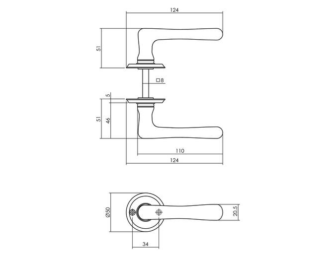 Deurkruk Trento met ronde rozet ø50x5 mm messing getrommeld