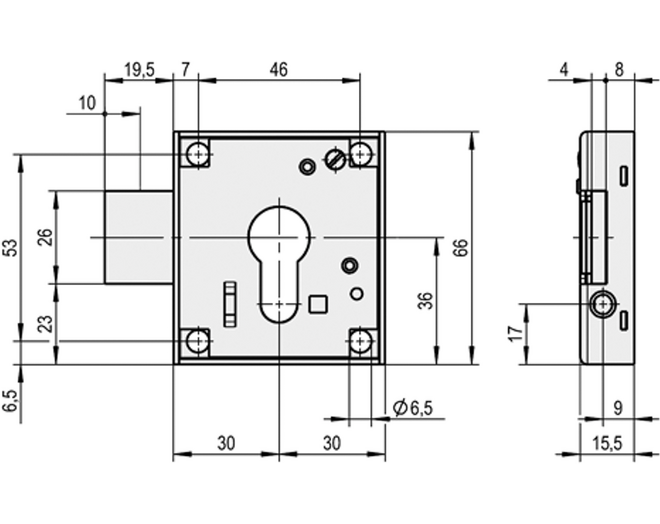 Oplegslot voor PZ cilinder DIN rechts, penmaat 30mm