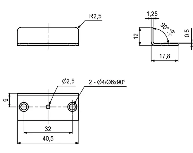 Aanslag verzinkt, h:12mm, b: 40.5mm, d:17mm, gatafstand 32mm