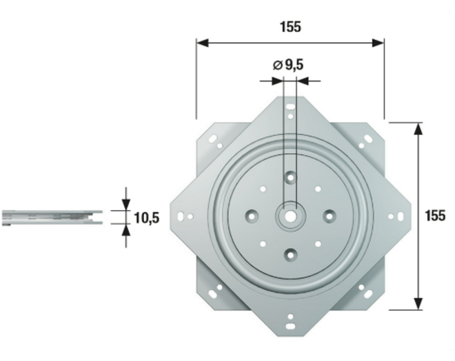 Draaiplaat verzinkt 155 x 155mm, draagkracht 50 kilo