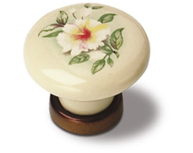 Knop ivoor porselein met bloemmotief, 37mm, voetje oud brons