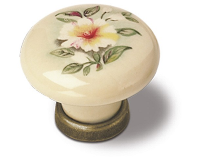 Knop ivoor porselein met bloemmotief, 30mm, voetje oud koper