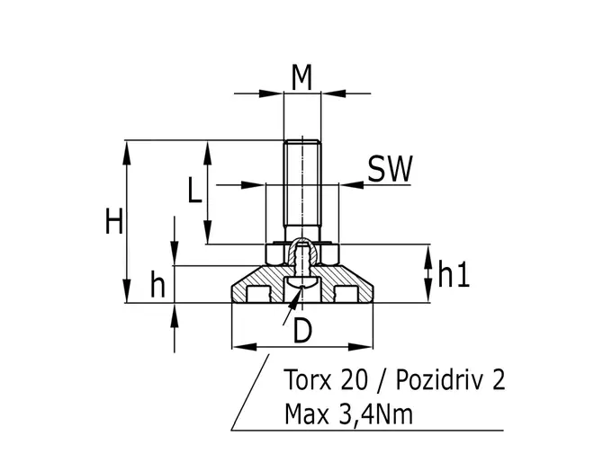 Stelvoet M10x30mm mt beweegbare kst.voet 30x17mm (incl moer)