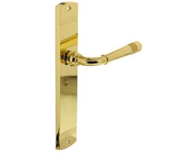 Deurkruk Helena op schild 235x45x8 mm blind messing gelakt