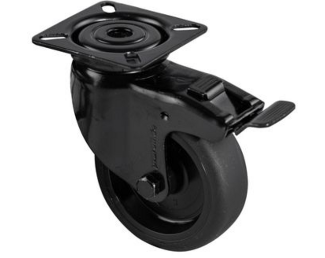Design zwenkwielen zwart wiel, zwarte gaffel, met rem 79mm