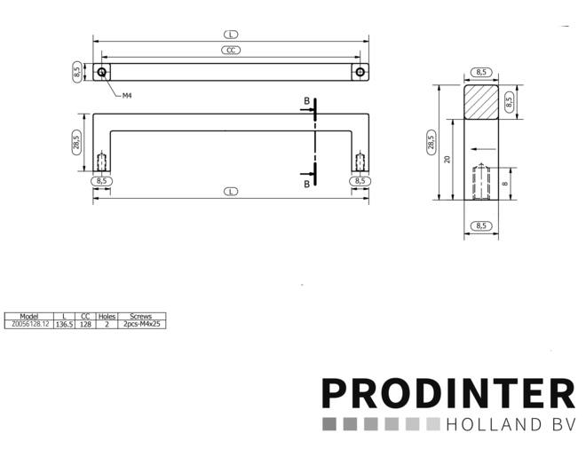 Rechte greep 8,5x192x200.5mm RVS Look