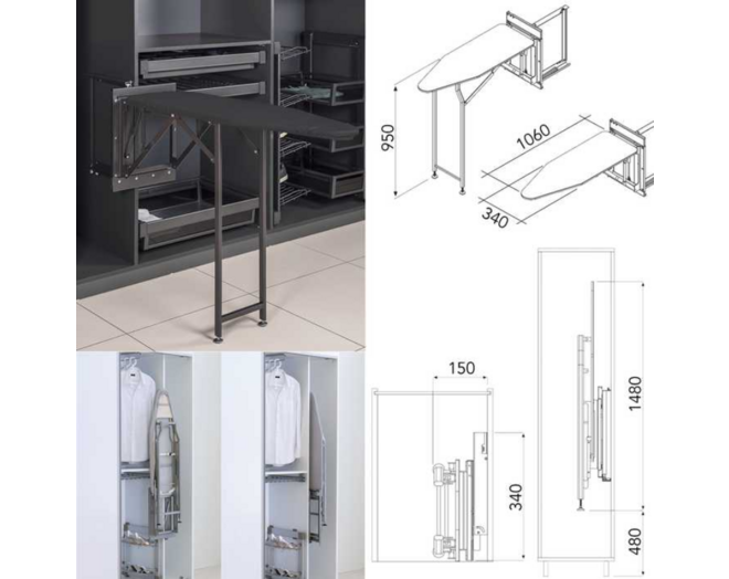 Strijktafel grijs BxDxH 150x340x1480mm, inbouw