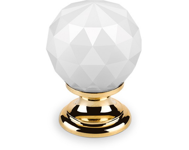 Knop CRYSTAL wit, 30mm, voet massief messing verguld