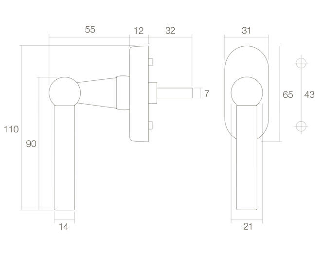 Raamkruk L-model messing getrommeld