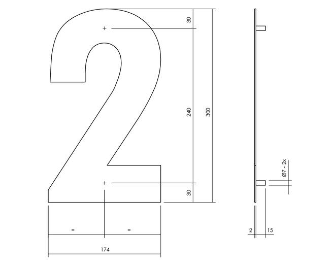 Huisnummer 2 XL hoogte 30cm RVS geborsteld