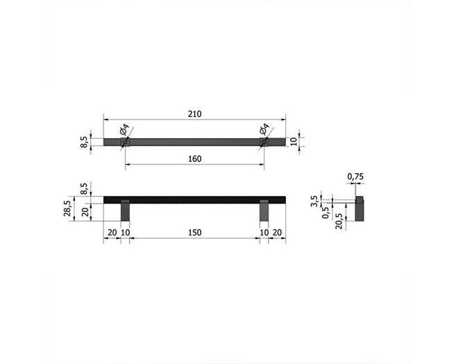 Greep Ribb brons, 9x160x209mm, hoogte 27mm