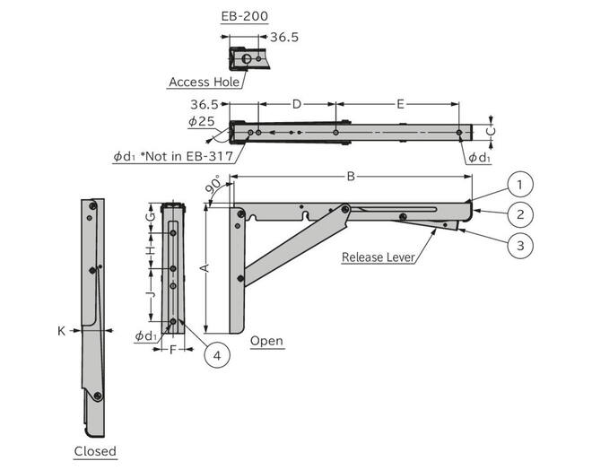 Konsole RVS gepolijst inklapbaar 318,5mm, hoogte 171mm