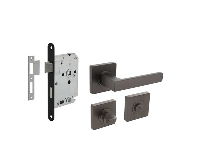 Deurbeslag set toiletslot 63/8mm+deurkruk Hera en WC-sl.