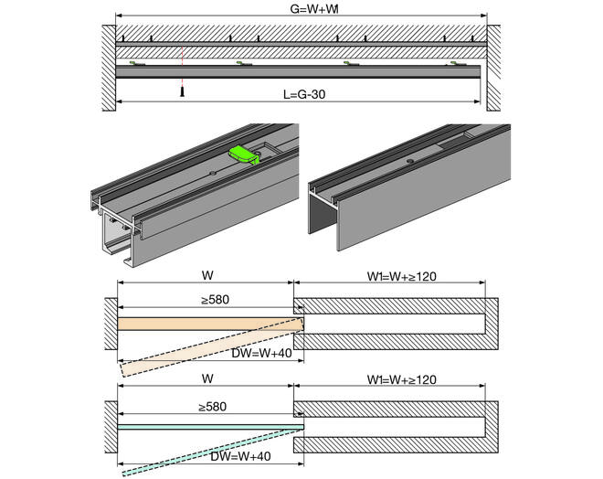 Spaceship Pocket bovenrail, lengte 2050mm, aluminium
