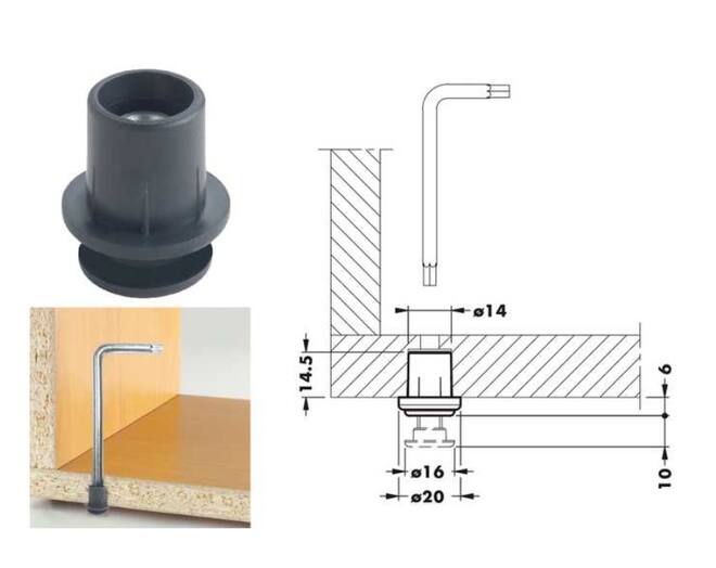 Stelvoet 304 zwart diameter 14mm