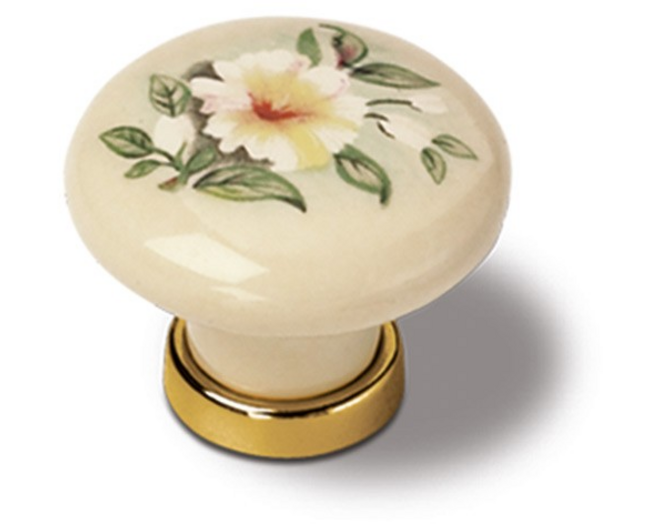 Knop ivoor porselein met bloemmotief, 37mm, voetje verguld