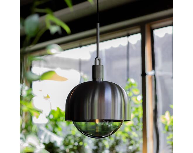 Forked Pendant/Steel/Large Steel Shade/Large Smoked Gl