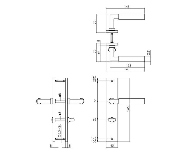 Deurkruk Bau-Stil op schild 245x45 mm WC63/8 mm