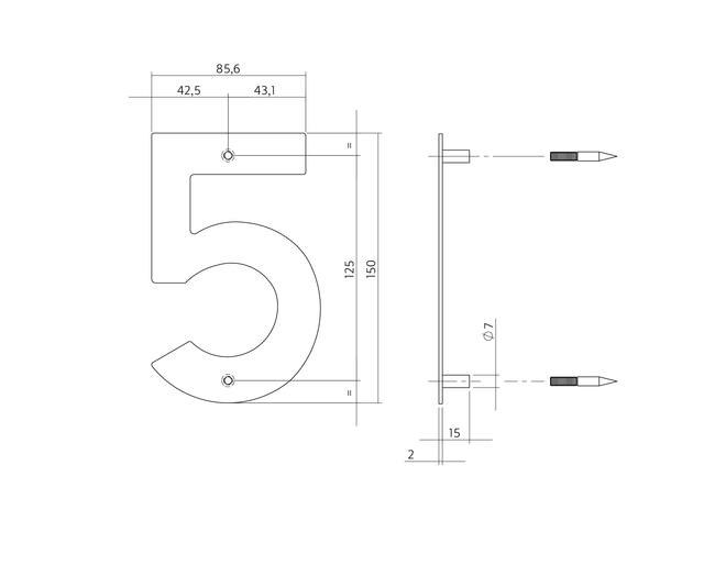 Huisnummer 5 150x2mm RVS geborsteld